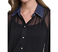 Karl Lagerfeld Paris Petite Collared Button-Front Blouse
