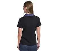 Karl Lagerfeld Paris Petite Collared Short-Sleeve Pull-On Top