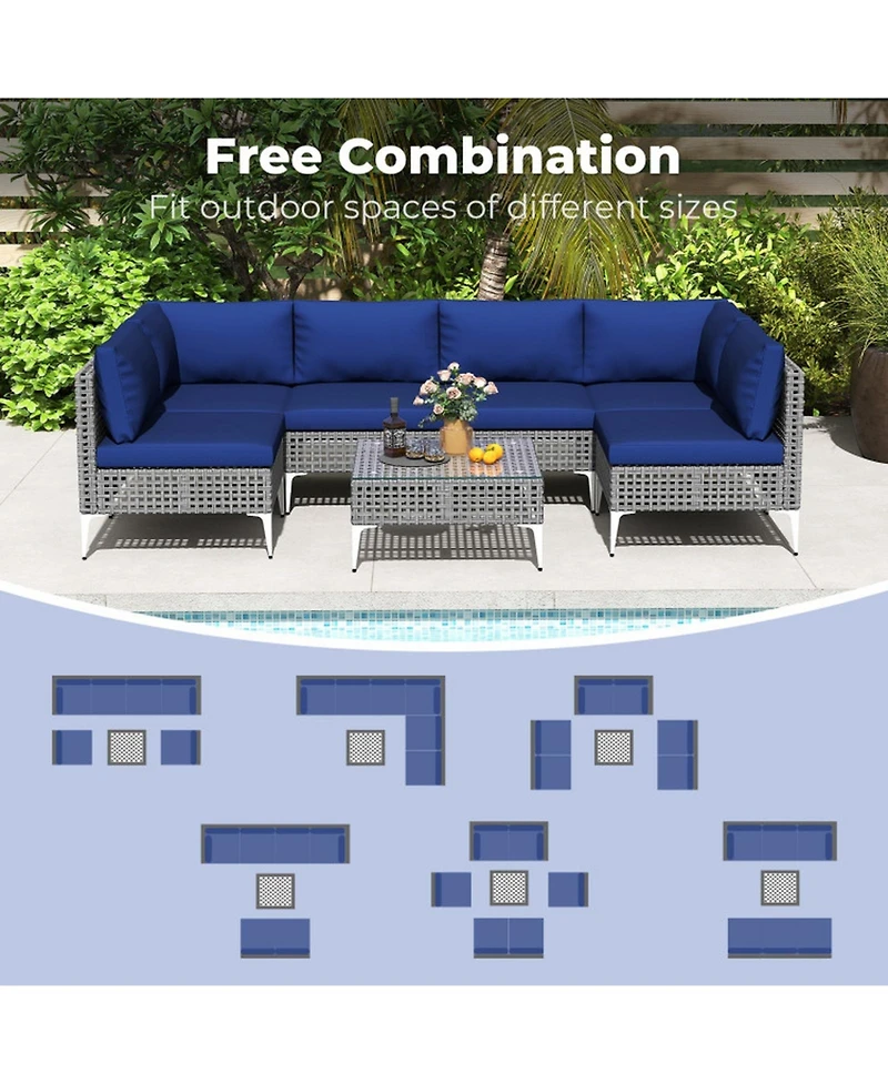 Sugift 7-Piece Pe Rattan Patio Sectional with Tempered Glass Coffee Table