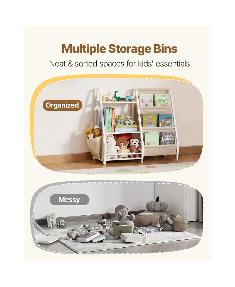 Flynama 3-Tier Kids Multi-Functional Bookshelf Sling Bag Toy Storage Organizer Anti-Tip Design For Playroom Nursery