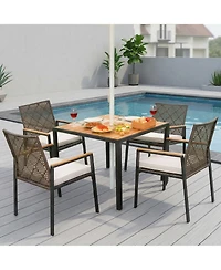 Clihome 5 Piece Outdoor Patio Dining Set Coffee Pe Rattan Chair with Acacia Wood Table Top with Umbrella Hole