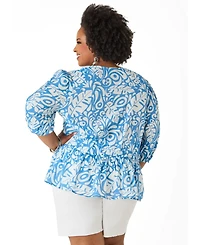 Ashley Stewart Plus Beaded Leaf Print Peplum Women's Blouse