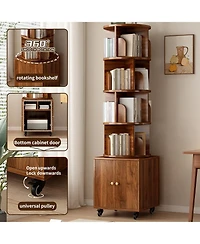 Flynama 5-Tier Rotating Bookshelf with Closed Drawer, Retro Solid Wood Narrow Corner Home Book Organizer