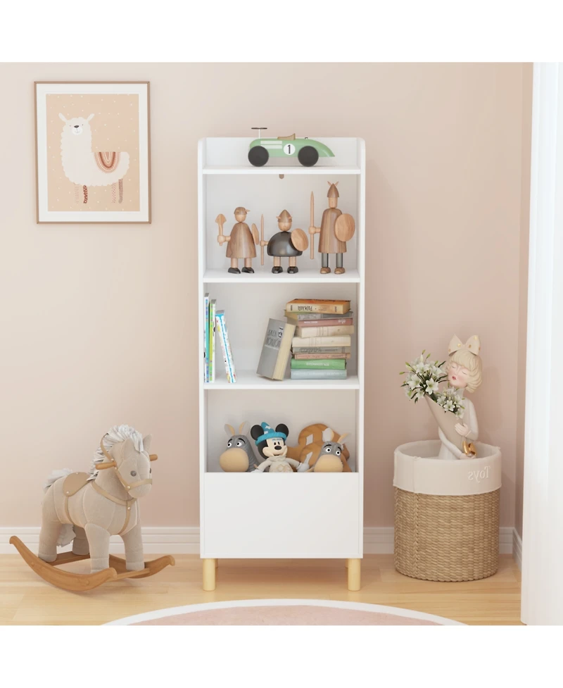 Flynama Kids 4-Tier Bookcase and Toy Storage Organizer with Pine Legs
