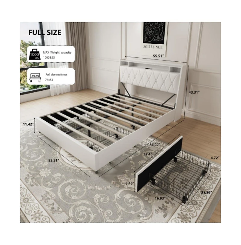 Lucky One Full Size Platform Bed Frame with Ergonomic Headboard, Outlets, Usb Charger, Storage Shelf, Noise-Free, No Box Spring Needed
