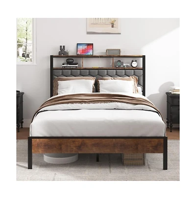 Lucky One Full Size Wooden Platform Bed Frame with Upholstered Headboard, Usb Charging Station, Under-Bed Storage, No Box Spring Needed
