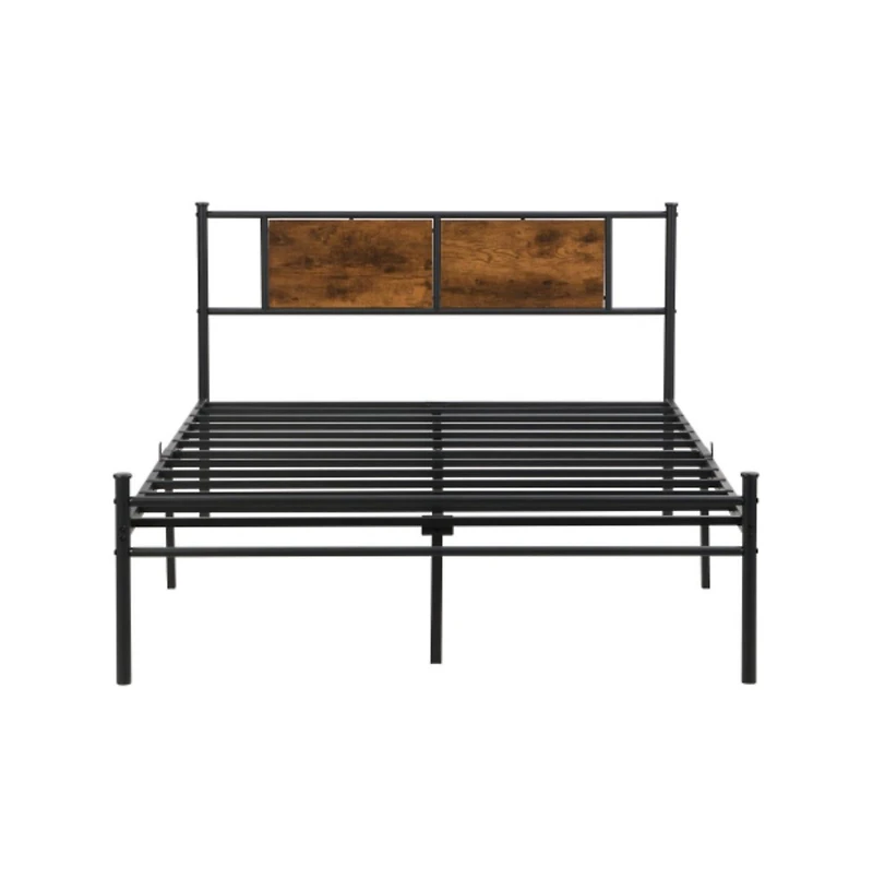 Lucky One Queen Size Metal Bed Frame with Wood Panel Headboard, Steel Structure, No Box Spring Needed
