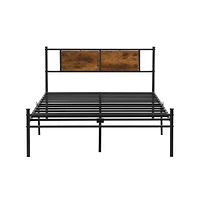 Lucky One Queen Size Metal Bed Frame with Wood Panel Headboard, Steel Structure, No Box Spring Needed