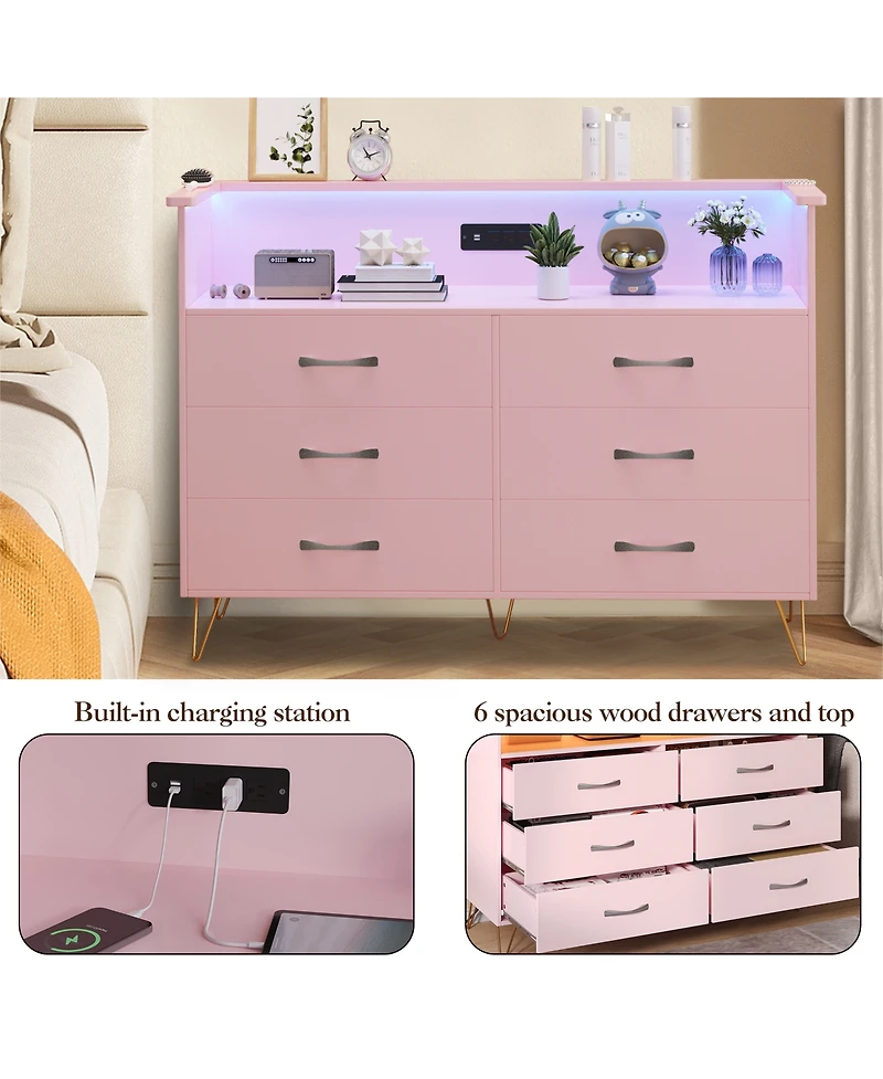 homfan 6-Drawer Dresser for Bedroom with Led Lights and Built-In Outlets, Engineered Wood and Metal Frame