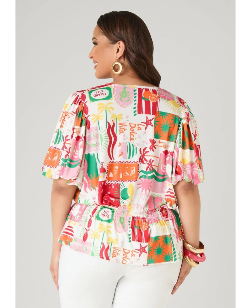 Ashley Stewart Plus Island Print Bubble Women's Sleeve Top