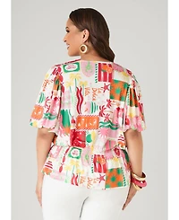 Ashley Stewart Plus Island Print Bubble Women's Sleeve Top