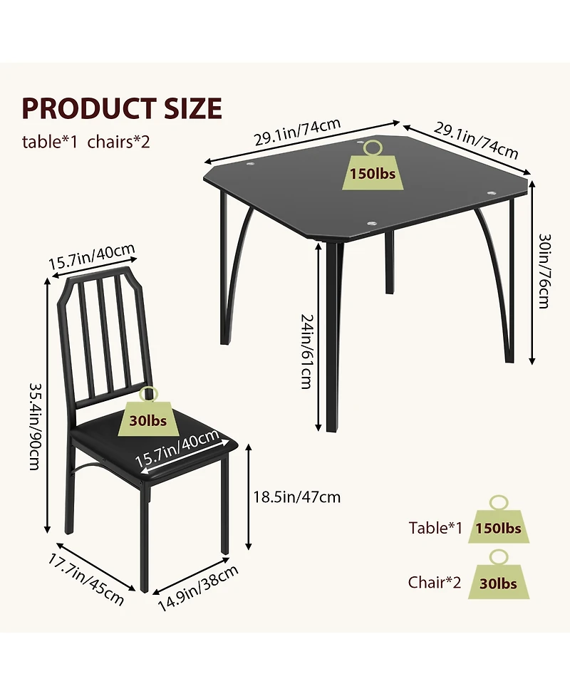 homfan Dining Table Set for 2 Square Compact Bistro Table with Upholstered Chairs, Glass Breakfast Nook Set for Small Space Apartment