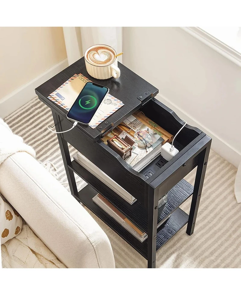 Slickblue Modern Side Table with Flip-Up Top and Built-In Charging Station