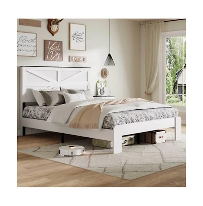 Lucky One Queen Size Wood Platform Bed Frame with Industrial Style, Metal Frame, Wood Slats, No Box Spring Needed, Under-Bed Storage