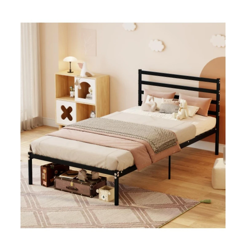 Lucky One Twin Size Classic Metal Platform Bed Frame Mattress Foundation, Large Under-Bed Storage, Easy Assembly, No Box Spring Needed