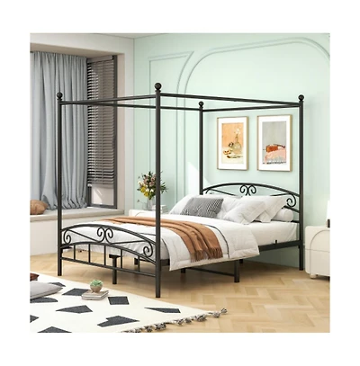 Lucky One Queen Size Metal Canopy Bed Frame with Headboard and Footboard, 4-Post Design, Steel Tubing, No Box Spring Needed, Under-Bed Storage