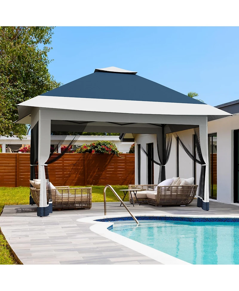 homfan 12 x Feet Cantilevered Folding Shelter With Roll-Up Eaves And Mesh Sidewalls, Pop-Up Patio Canopy For Backyard