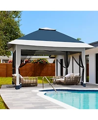 homfan 12 x Feet Cantilevered Folding Shelter With Roll-Up Eaves And Mesh Sidewalls, Pop-Up Patio Canopy For Backyard