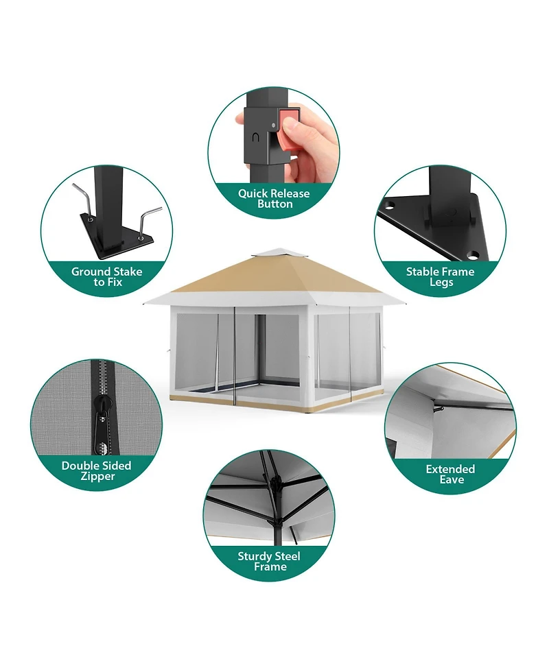 homfan 12 x Feet Cantilevered Folding Shelter With Roll-Up Eaves And Mesh Sidewalls, Pop-Up Patio Canopy For Backyard