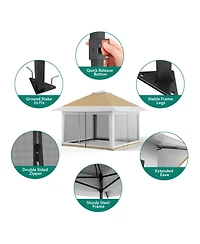 homfan 12 x Feet Cantilevered Folding Shelter With Roll-Up Eaves And Mesh Sidewalls, Pop-Up Patio Canopy For Backyard