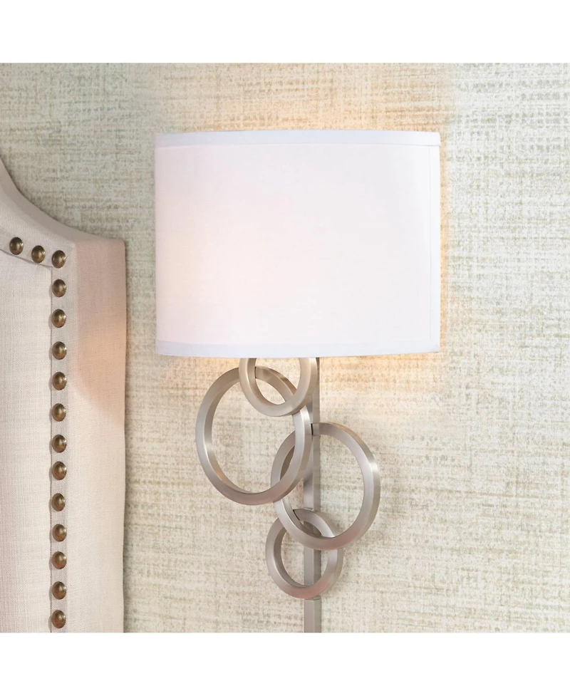 Possini Euro Design Circles Modern Wall Light Sconces Set of 2 Brushed Nickel Plug-in 12" Fixture Cotton Shade for Bedroom Reading House