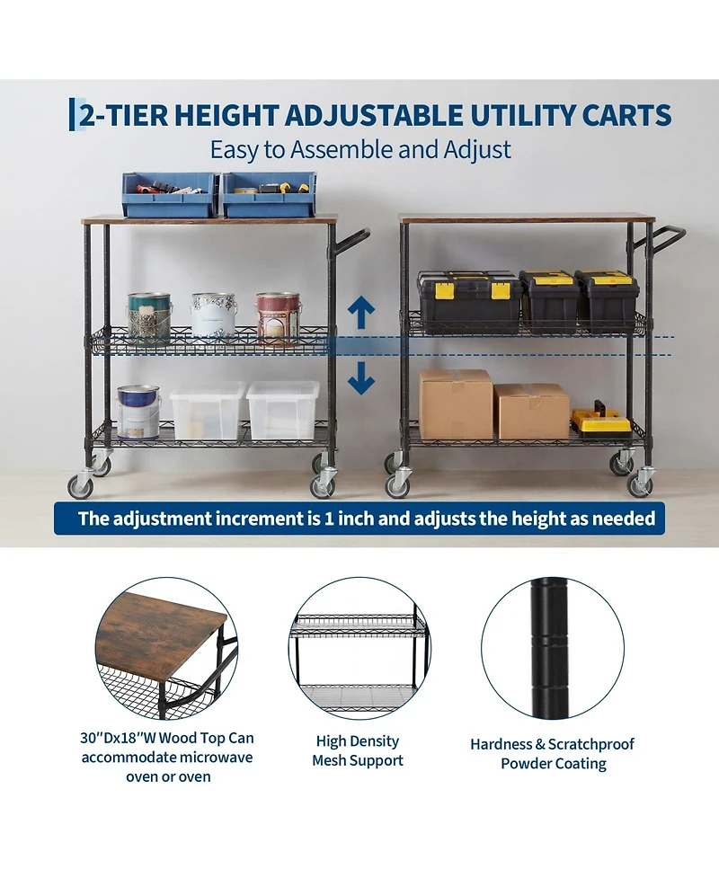 gaomon 35" Rolling Kitchen Cart with Wood Top, 3 Tier Metal Shelf Serving on Wheels 10 Hooks and Lockable Casters, Utility