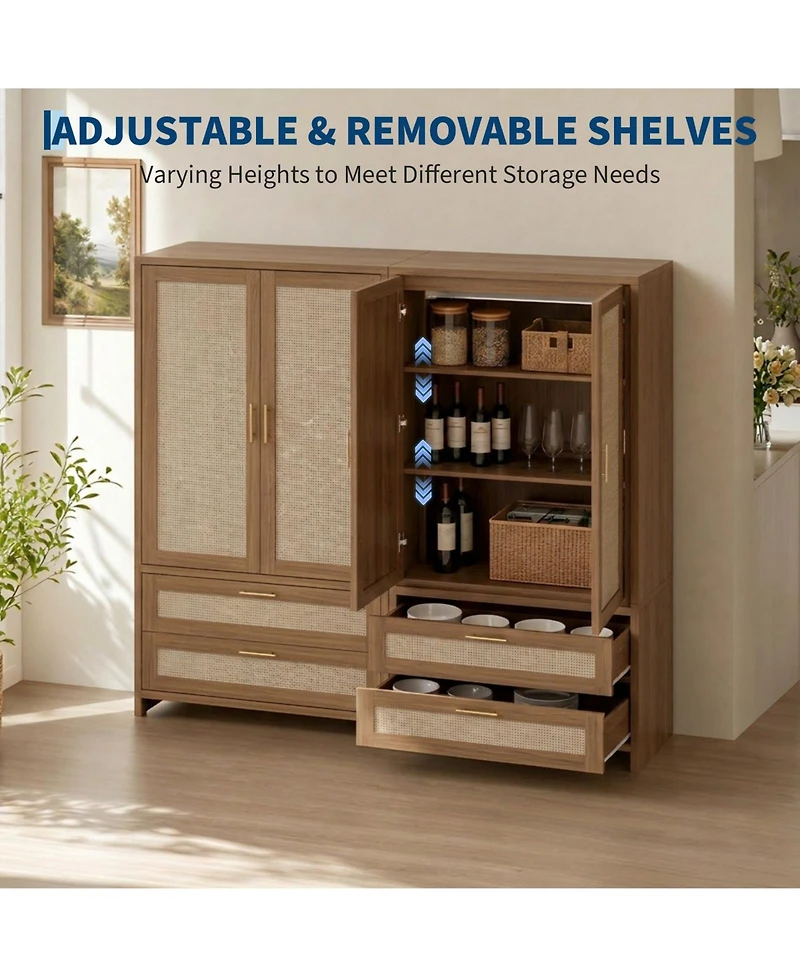 gaomon 70" tall rattan wardrobe with drawers, hanging rod, and spacious storage-perfect for organized bedroom or cloakroom use.