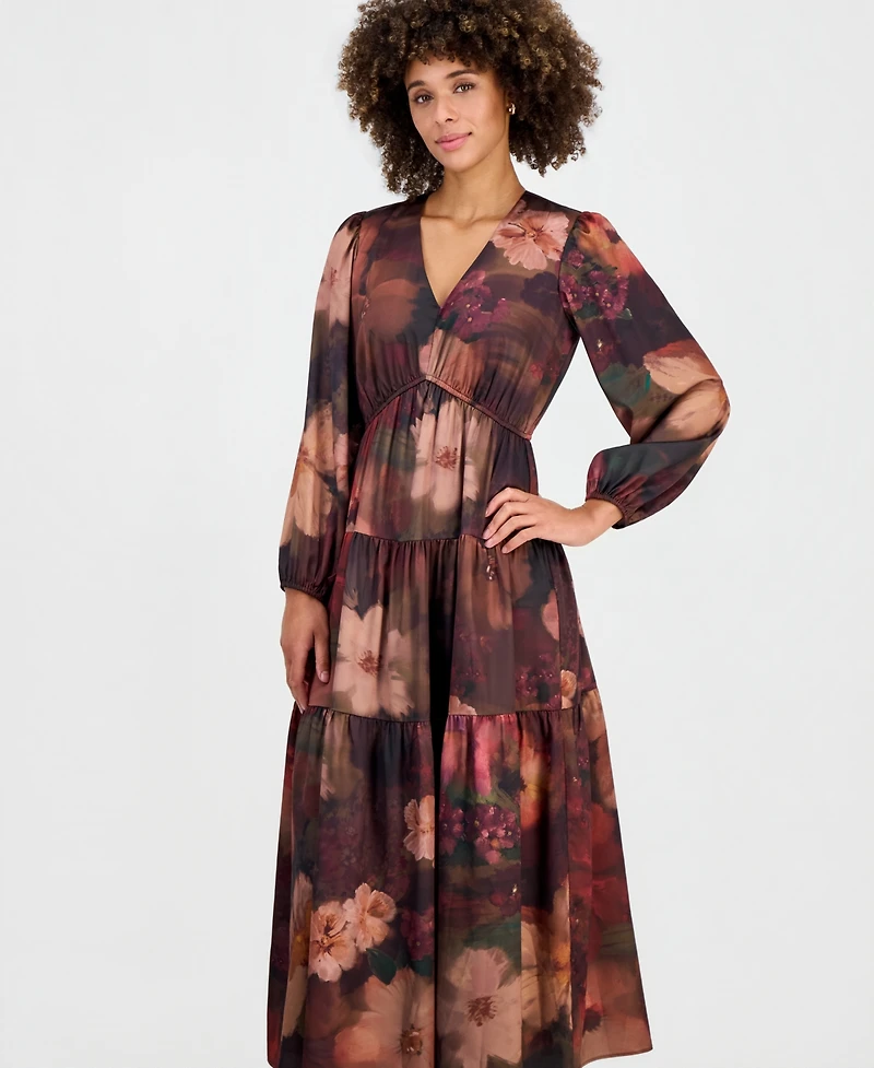 Robbie Bee Women's V-Neck Long-Sleeve Tiered Maxi Dress