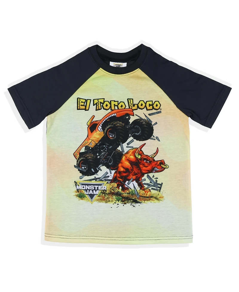Monster Jam Boys' 4-20 El Toro Loco Crazy Bull Truck Kids 2PC Pajama Set Raglan Short Sleeve Shirt Shorts