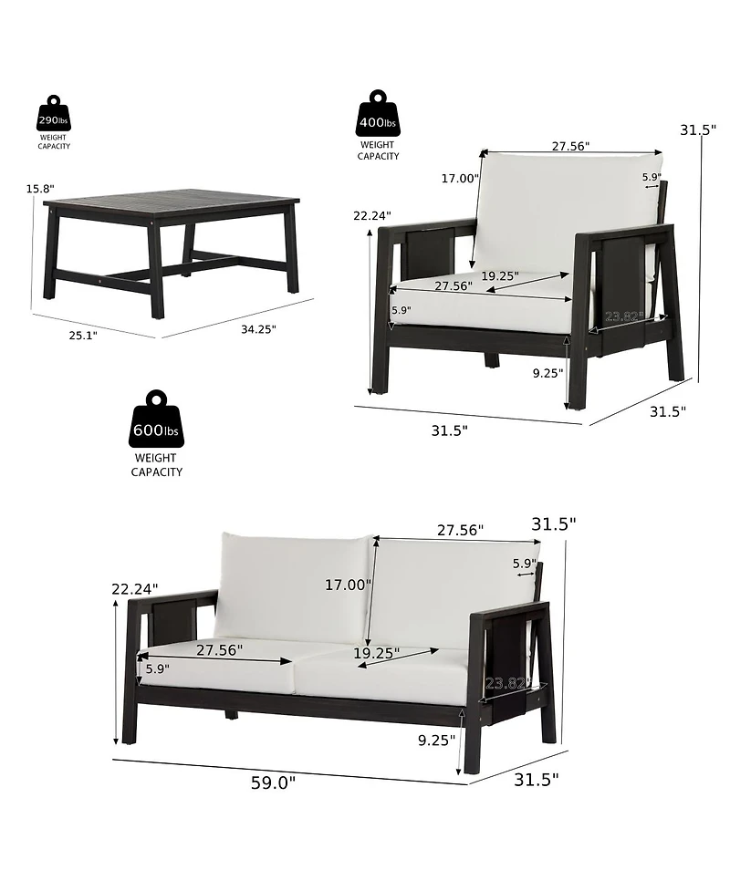Asagikoiai Modern 4 Piece Outdoor Sofa Set Acacia Wood Patio Conversation