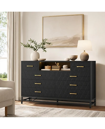 homfan 8 Drawer Dresser with Charging Station and Led Lights, Diamond-Panel Drawers and Open Compartments, Bedroom or Media Console Storage