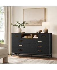 homfan 8 Drawer Dresser with Charging Station and Led Lights, Diamond-Panel Drawers and Open Compartments, Bedroom or Media Console Storage
