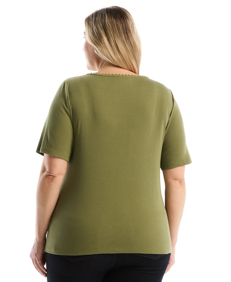Rafaella Plus Pom Trim Detail Short-Sleeve Top