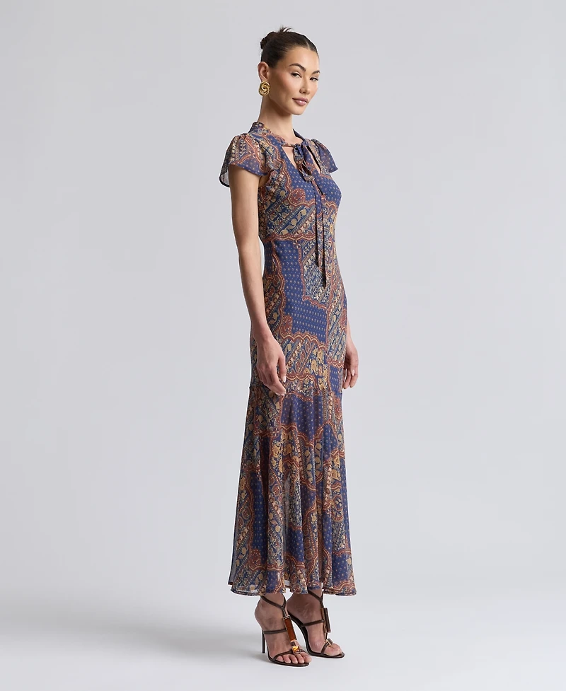 Avec Les Filles Women's Scoop Neck Tie Detail Godet Maxi Dress