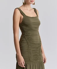 Avec Les Filles Women's Shirred Mesh Drop Waist Maxi Dress