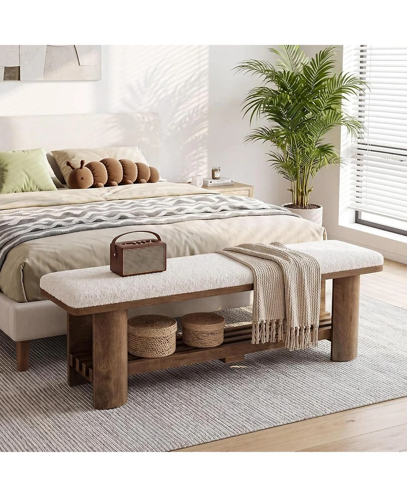 Tribesigns End of Bed Bench with Faux Lamb Wool Cushion for Bedroom, 62.9-Inch Wooden Upholstered Storage Bedroom Bench with Shoe Rack