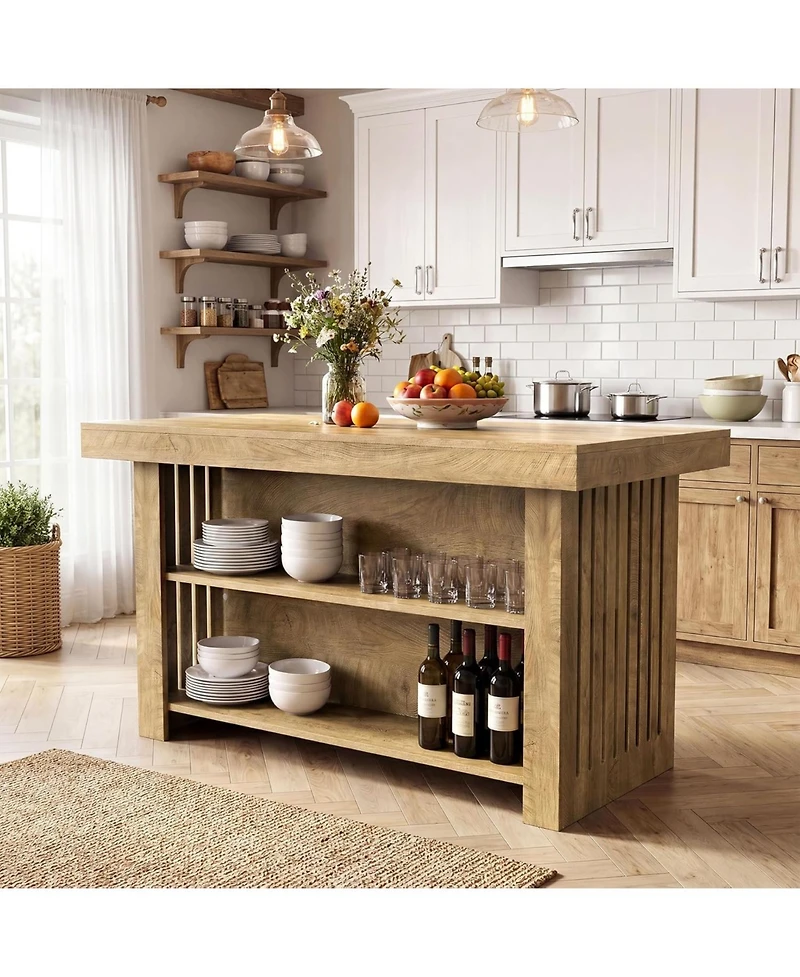 Tribesigns Kitchen Island with Storage: 63" farmhouse butcher block table with open shelves. Rustic counter for dining room, living room.