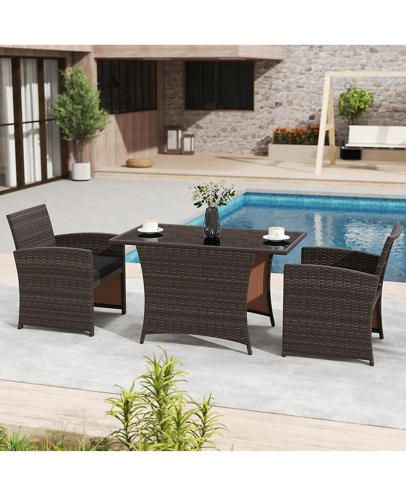 Costway 3 Piece Wicker Bistro Set Balcony Furniture Set with Tempered Glass Dining Table