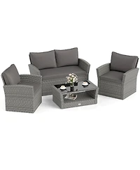 Costway Patio Furniture Set with 2 Rattan Chairs Loveseat Coffee Table Cushions