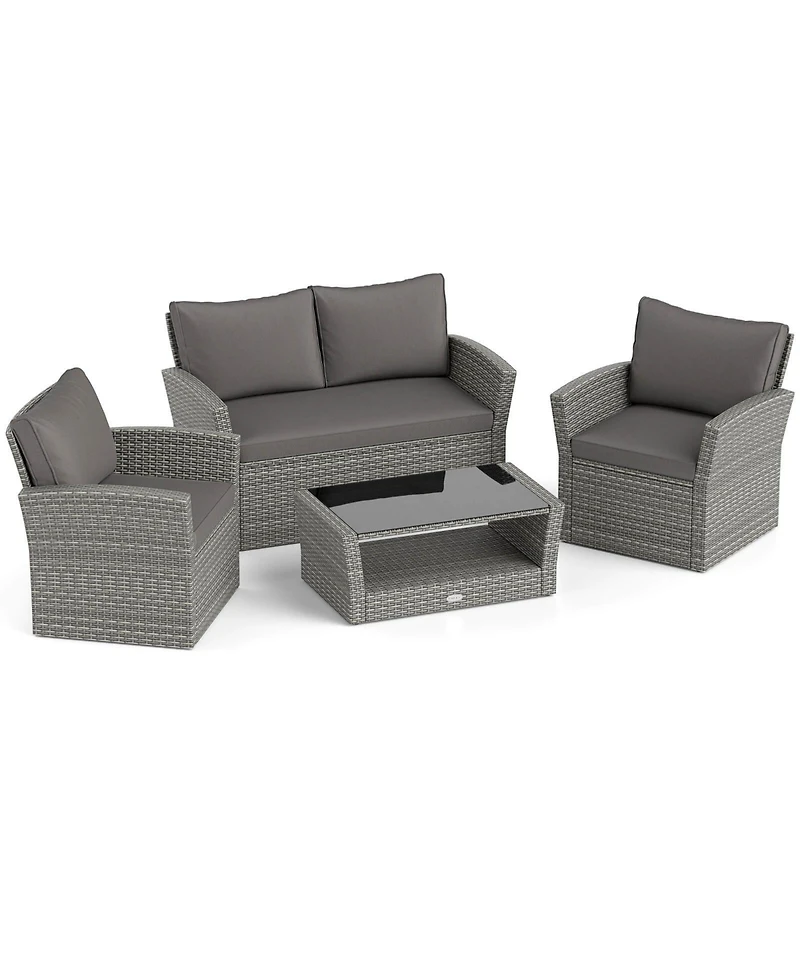 Costway Patio Furniture Set with 2 Rattan Chairs Loveseat Coffee Table Cushions