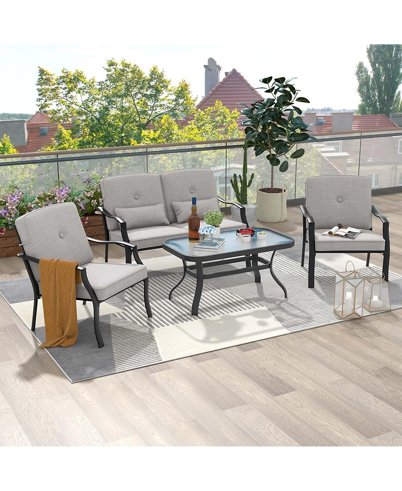 Costway 4 Piece Patio Furniture Set Outdoor Conversation Sofa Tempered Glass Coffee Table