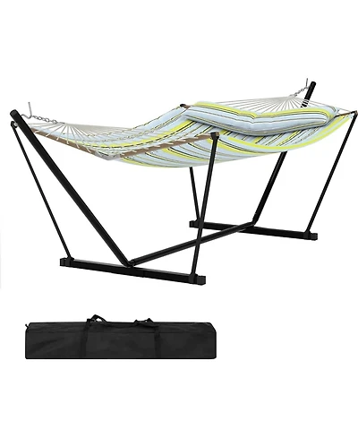 homfan Double Outdoor Hammock Set with Adjustable Steel Frame and Detachable Pillows, 2-Person Hammock for Yard, Patio, Garden and Beach