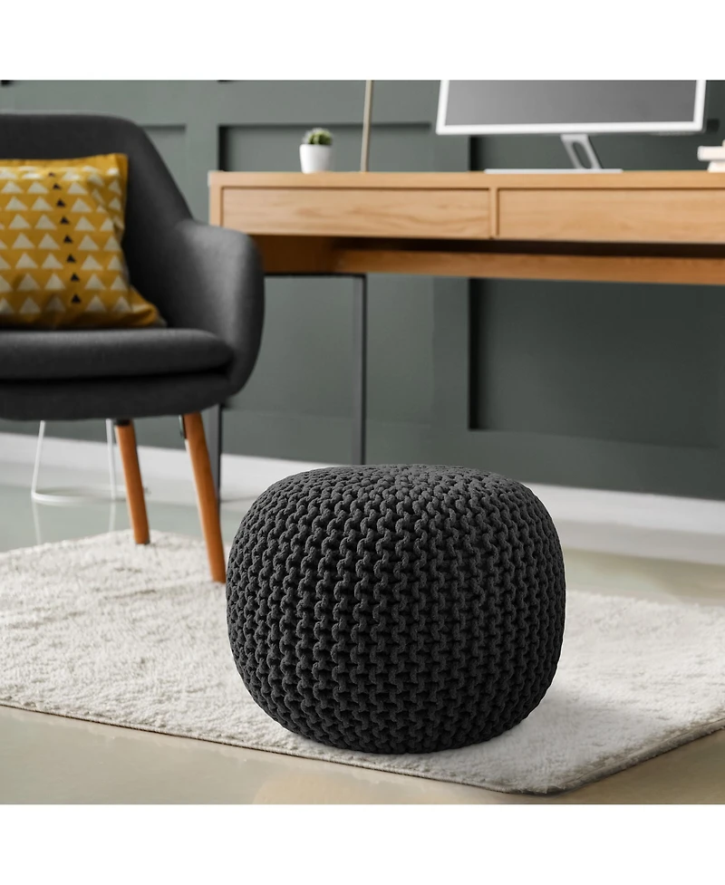 Casafield Round Pouf Ottoman, Navy Blue - 20" Dia x 14.5" High Cotton Knit Foot Stool Boho Floor Pouffe for Living Room