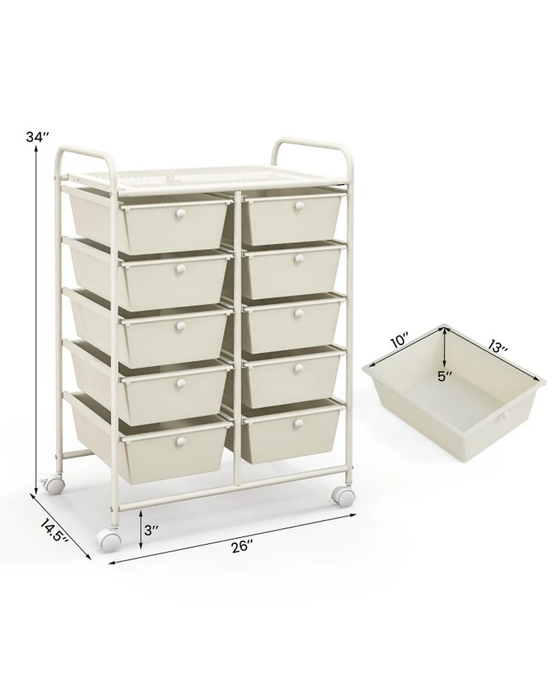 Gouun 10-Drawer Rolling Storage Cart with Lockable Wheels