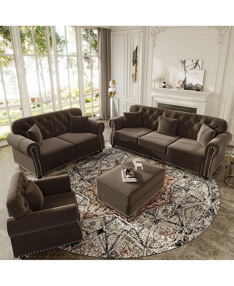 Maison Boucle 63'' Velvet Loveseat and Ottoman Set, Tufted Nailhead Rolled Arm Sofa