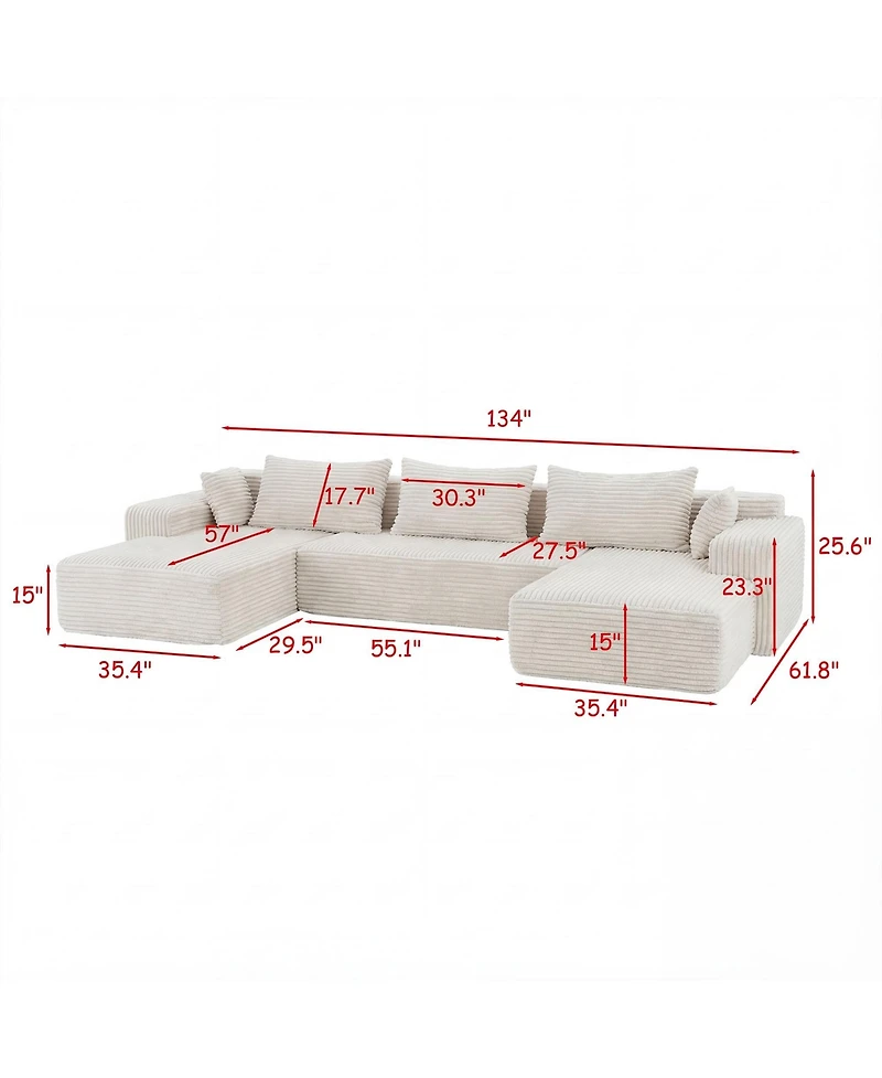 Homsee 3-Piece U-Shaped Sectional Sofa Set With Pillows, Corduroy Convertible Couch