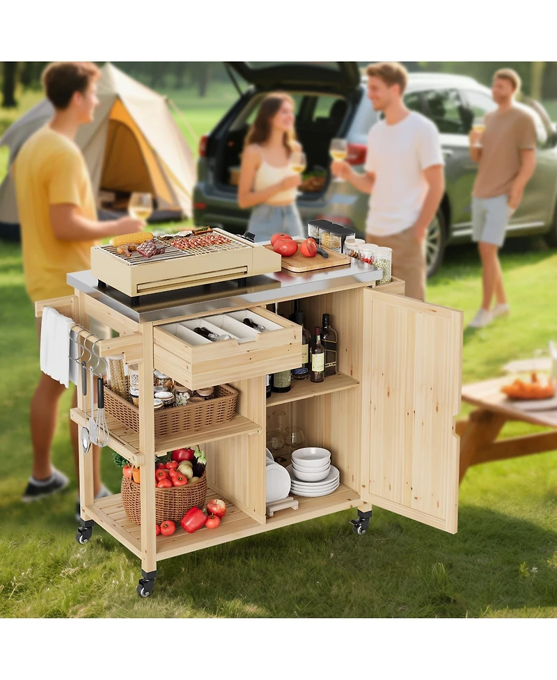 homfan Portable Bar Cart, 44 Inch Stainless Steel Top Kitchen Island with Storage Cabinet and Drawer for Patio or Backyard