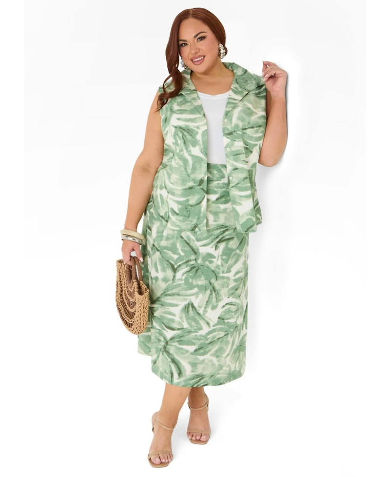 Ashley Stewart Plus Palm Print Linen Blend Women's Shirt