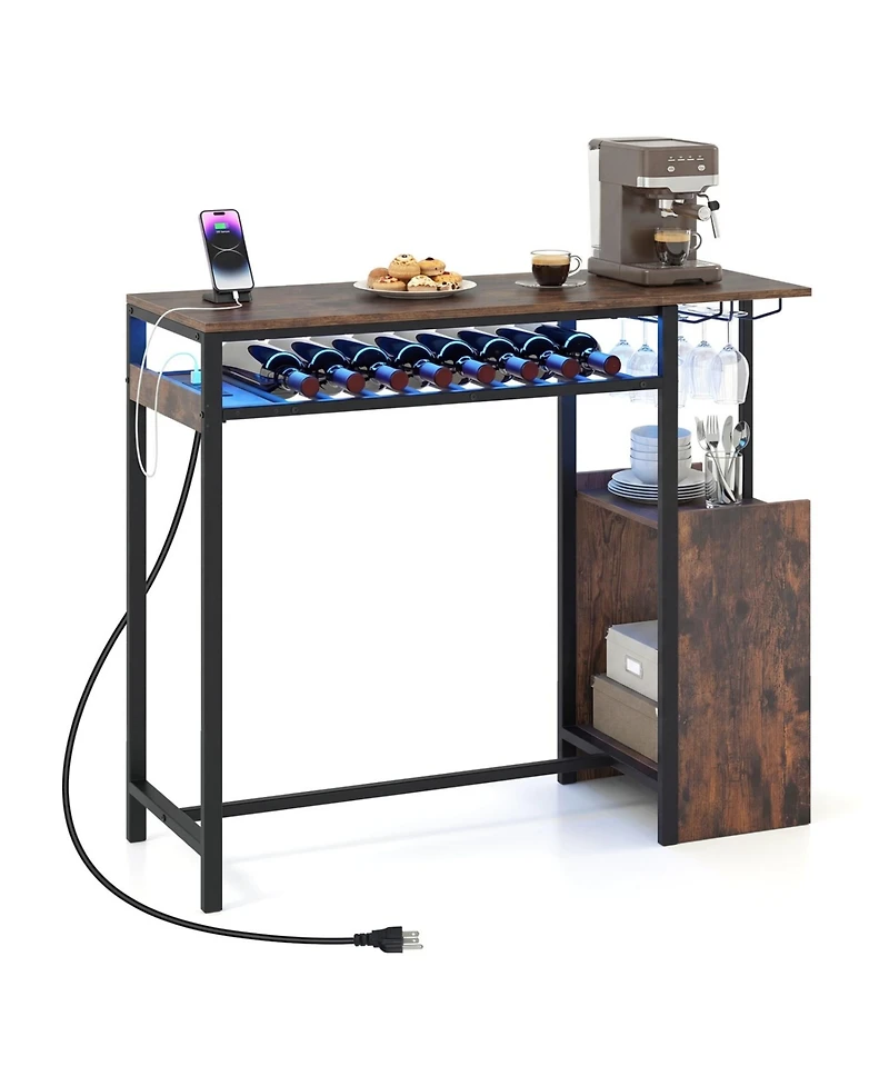 Slickblue Rectangular Bar Table with Power Outlets Led Lights and Storage Space