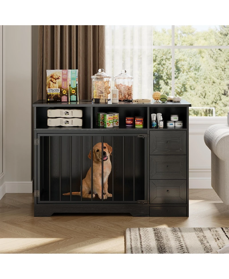 homfan Dog Crate Tv Stand, Farmhouse Media Console with Storage Drawers and Pet Bowl, Heavy Duty Indoor Kennel Table for Small Medium Dogs
